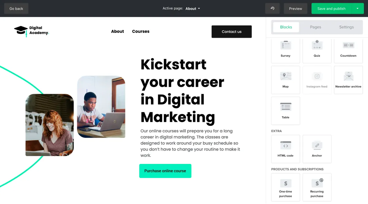 MailerLite website builder with content blocks for surveys, maps and product purchases